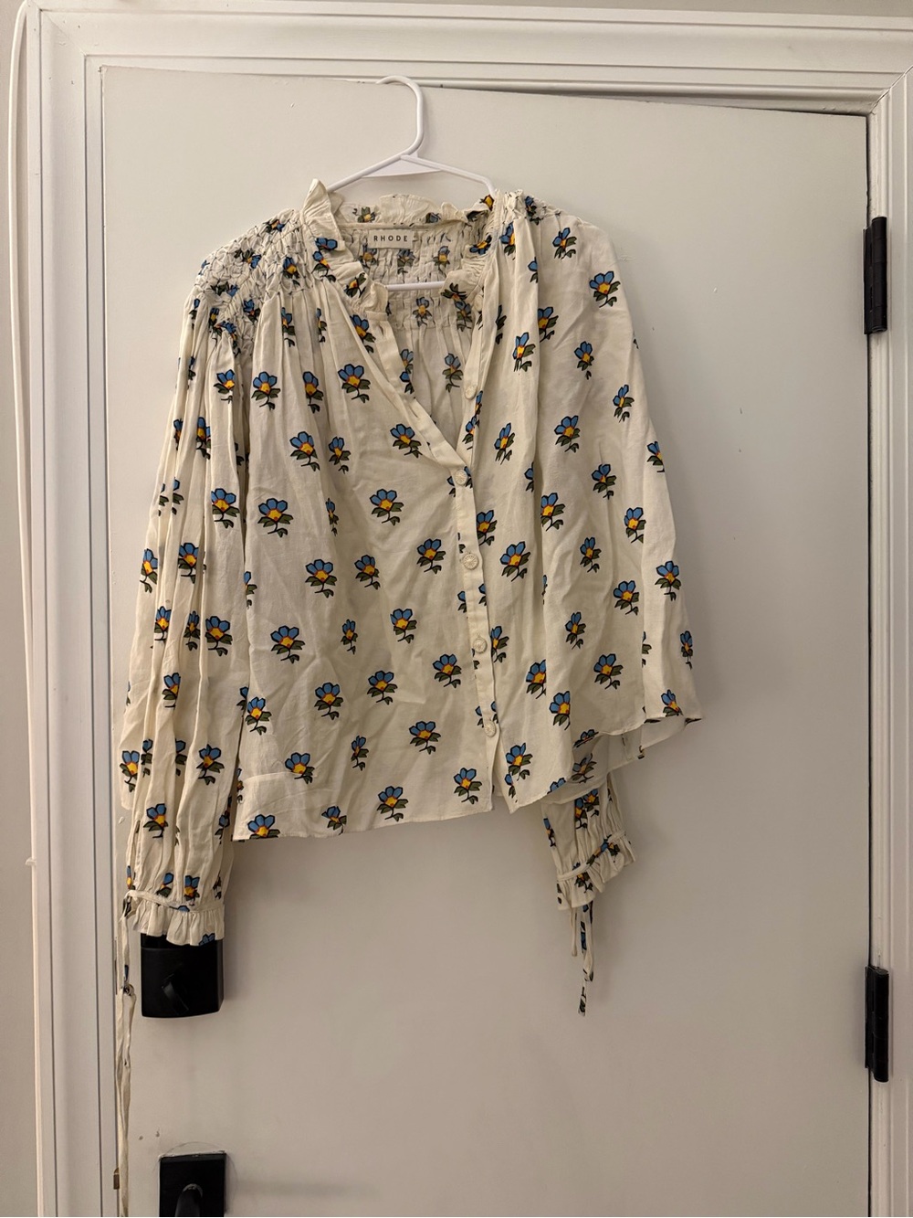 RHODE Cream Button-Front Floral Smocked Blouse with Blue & Yellow Flowers